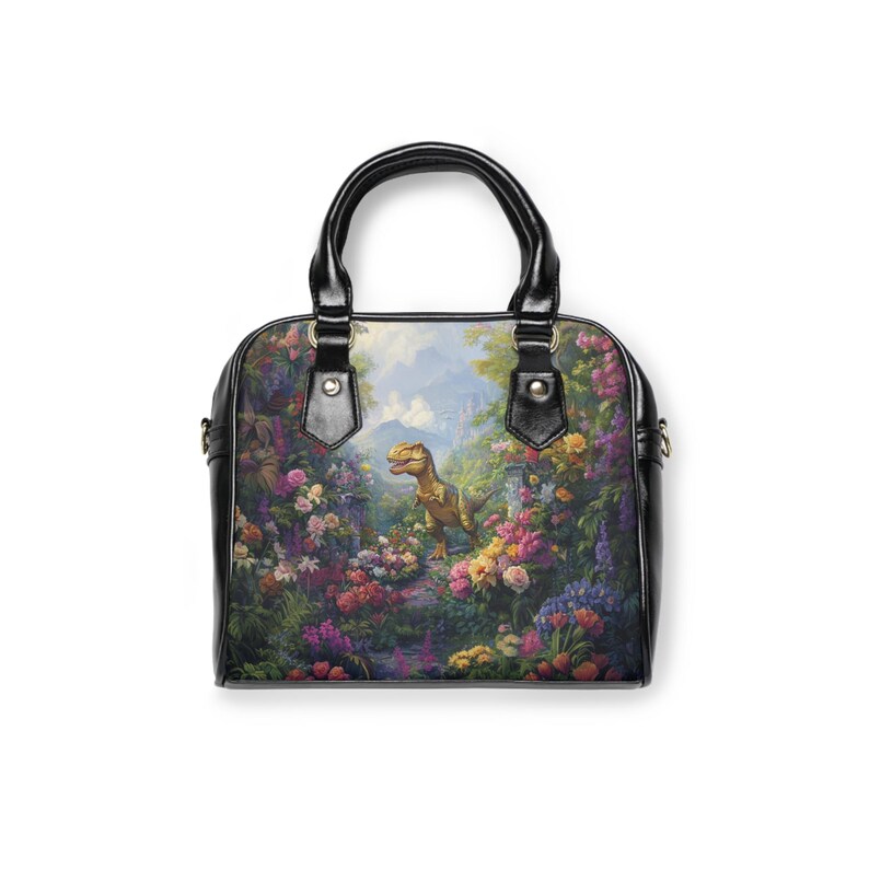T-Rex Shoulder Handbag! Black Faux Leather With Flowers & Dinosaur. Dinosaurs Art, Theme, Decor, Design, Accessory. Dinocore, Unique Gift! image 5