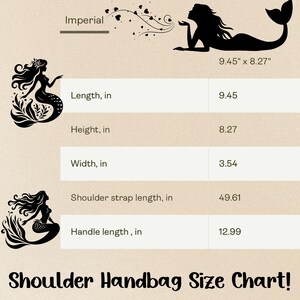 May include: A beige chart with black mermaid silhouettes and text detailing handbag dimensions. The chart includes measurements for length (9.45 inches), height (8.27 inches), width (3.54 inches), shoulder strap length (49.61 inches), and handle length (12.99 inches).