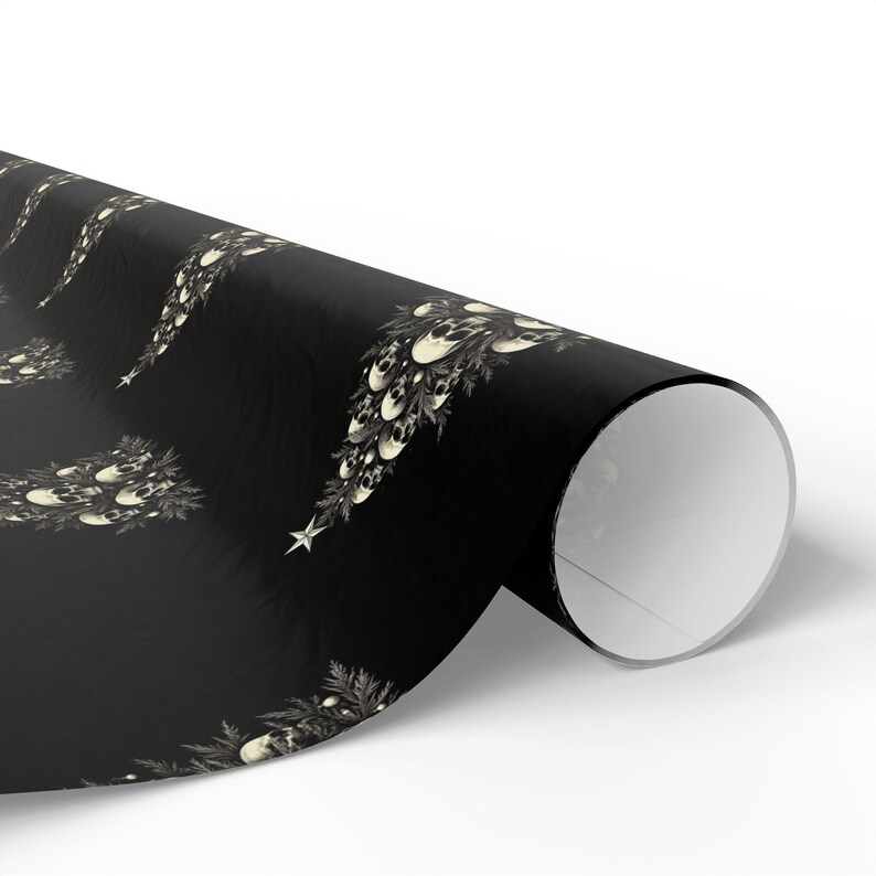 Gothic Wrapping Paper, Skulls on a Christmas Tree, Alternative Gift Wrap - Black Paper With Bone White Tree & Skulls, Elegant, Edgy Paper image 3