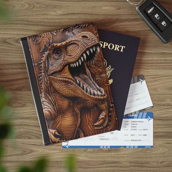 T-Rex Passport Cover.  Fierce T-Rex Passport Holder, Roaring Dino Passport Case, Tooled Leather Print, Faux Leather Travel Wallet