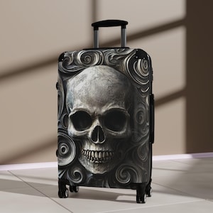 Skull Suitcase! Great Gothic Luggage, 3 Sizes Available for Men or Women! Large Skull, Gothic Image on Hard Side Travel Gear, Rolling, Lock