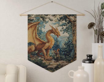 Pennant Banner, Dragon & Boy, Fantasy Dragon Wall Banner, Medieval Forest, Young Man Wall Hanging, Kid's Nursery Decor, Tapestry Inspired