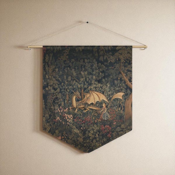 Tapiz de dragón de fantasía con banderín, arte mural de bosque encantado, decoración para sala de estar y dormitorio, regalo para amantes de los dragones, arte medieval