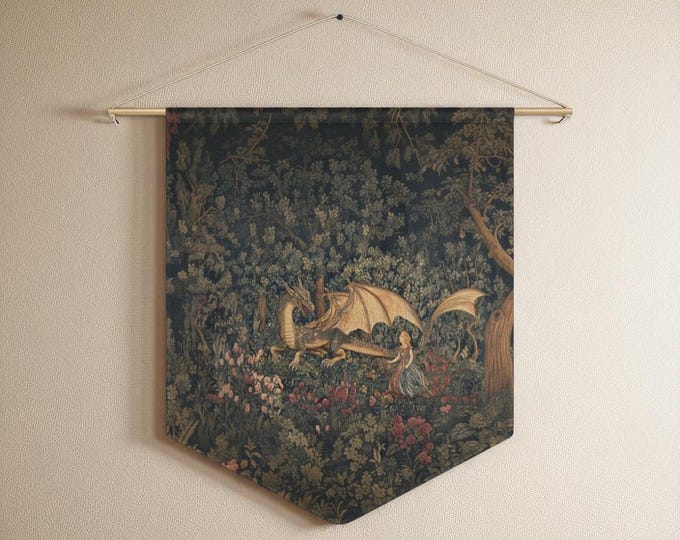 Pennant Banner Fantasy Dragon Tapestry, Enchanted Forest Wall Art, Home Decor for Living Room, Bedroom, Gift for Dragon Lovers, Medieval Art