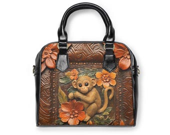 Monkey Purse: Faux Leather Crossbody Bag with Floral Baby Monkey Design