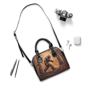 Shoulder Handbag, Big Foot Sasquatch Forest Faux Tooled Leather Unique Design, Tote Purse, Travel Bag, Crossbody Clutch, Trendy Satchel image 5