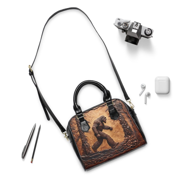 Shoulder Handbag, Big Foot Sasquatch Forest Faux Tooled Leather Unique Design, Tote Purse, Travel Bag, Crossbody Clutch, Trendy Satchel image 5