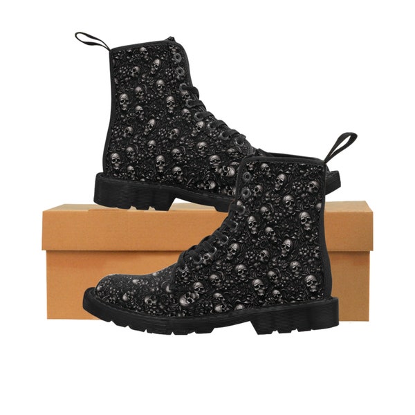 Women's Canvas Boots. Black skull and flower Combat Boot.  Rocker, Cool, Gothic Shoe!  Killer Boot!  Girl's Skull Bootie, Black Boot.