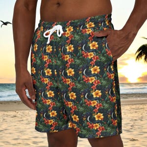 Dragon tropische bloemen unisex zwemshort, strandkleding, zomerbenodigdheden, heren, dameszwemkleding, fantasievakantiezwemmen, poolparty-stijl
