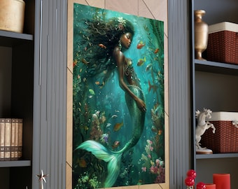 Mermaid Poster!  Matte Vertical Poster, 2 Sizes.  Sea Life, Bright Ocean Print.  African American Mermaid.  Coastal, Beach, Home Decor