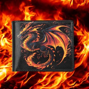Billetera para hombre. Billetera plegable con bolsillo para monedas. Accesorio de dragón ardiente. Bolsillo para monedas, ranuras para tarjetas. Amante de los dragones, fantasía, gamer, ¡genial!