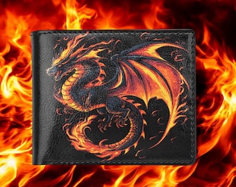 Men's Wallet.  Dragon Bifold Wallet With Coin Pocket. Fiery Dragon Accessory. Coin Pocket, Card Slots. Dragon Lover, Fantasy, Gamer, Cool!