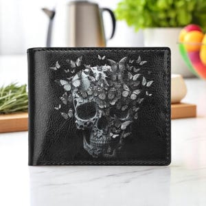 Schädel und Schmetterling Brieftasche mit Münzfach Schwarz Kunstleder Kleine Gothic Brieftasche Brieftasche für Männer oder Frauen Transformation Design