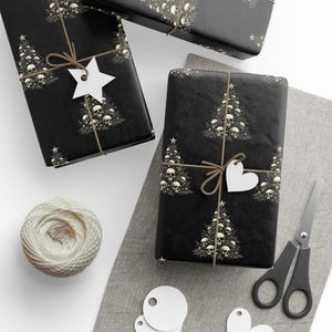 Gothic Wrapping Paper, Skulls on a Christmas Tree, Alternative Gift Wrap - Black Paper With Bone White Tree & Skulls, Elegant, Edgy Paper image 2
