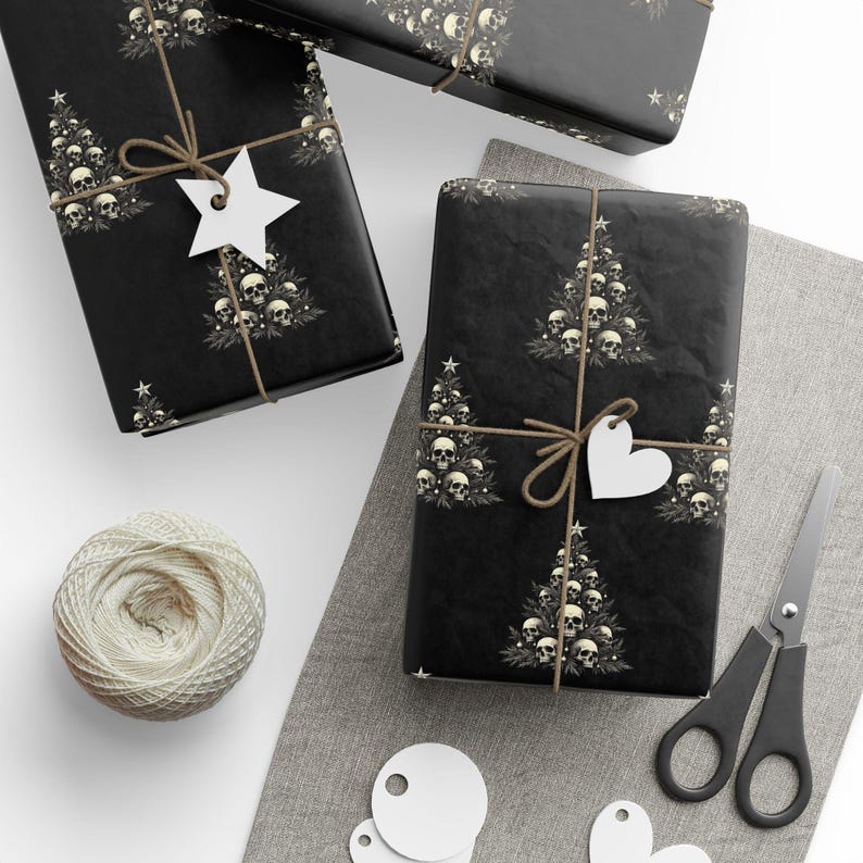 Gothic Wrapping Paper, Skulls on a Christmas Tree, Alternative Gift Wrap - Black Paper With Bone White Tree & Skulls, Elegant, Edgy Paper image 2