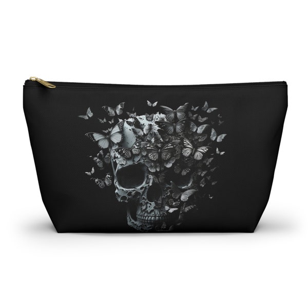 Skull Pouch!  Accessory Pouch w/ T-bottom.  Skull turning to butterflies.  Black, zip, makeup bag, accessory pouch, travel bag, toiletry bag