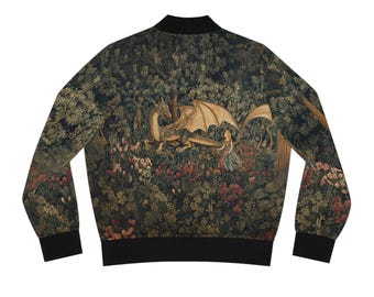 Chaqueta bomber, estampado de tapiz de bosque mágico, colores neutros, dragón, princesa en la espalda, chaqueta ligera de cuento de hadas para niñas y mujeres, estampado floral