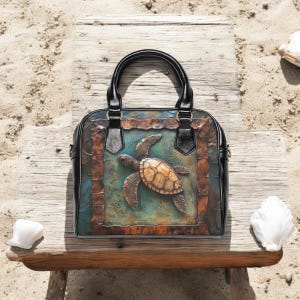 Sac à main en forme de tortue de mer, sac à bandoulière en similicuir pour une tenue tendance sur la plage côtière, sac à main noir à poignée supérieure, sac fourre-tout pour femme, vie marine !