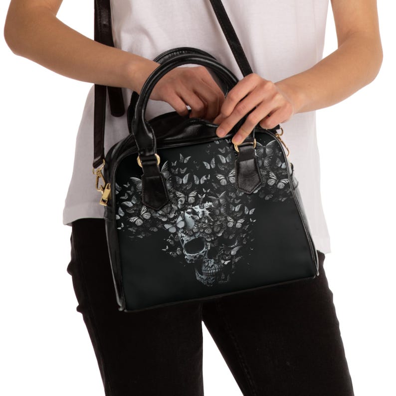 Gothic Handbag, Skull and Butterflies Gothic Purse, Alternative Rocker Cool Bag, Stylish Goth Bag, Edgy Crossbody Purse, Goth Girl Satchel. image 6