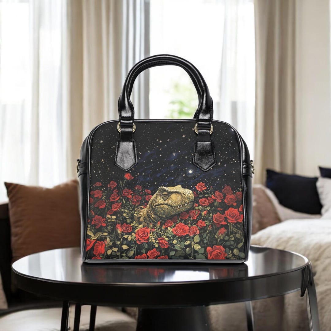 Sleeping T-Rex Among Roses, Black Faux Leather Handbag, Girl's - Main Image
