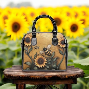 porté épaule abeille et tournesol | Fourre-tout fleuri, Cadeau pour amoureux de la nature, Sacoche élégante, Mode estivale, Sac respectueux de l'environnement, Bandoulière en similicuir