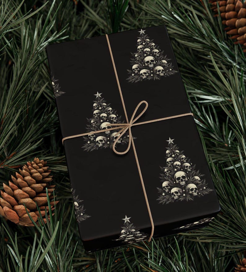 Gothic Wrapping Paper, Skulls on a Christmas Tree, Alternative Gift Wrap - Black Paper With Bone White Tree & Skulls, Elegant, Edgy Paper image 7