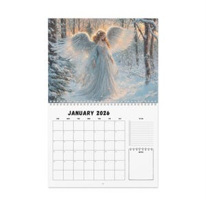 May include: A 2026 wall calendar featuring a serene image of an angel with large, feathered wings in a snowy forest. The calendar includes a monthly view for January, with space for notes and to-do lists.