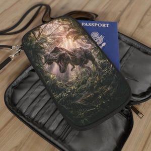 Tyrannosaurus Rex Jungle Passport Wallet | Dinosaur Travel Accessory, Dino Purse, Little Black Bag T-Rex Accessory, Crossbody Wristlet Bag