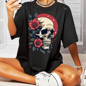 T-shirt met gotische schedel, T-shirt met bloedmaan tropische bloemen, comfortkleuren 1717 katoenen uniseks shirt, T-shirt met donkere bloemen, maten S-4XL