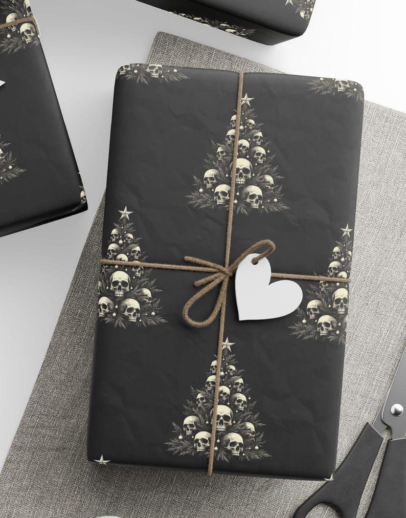 Gothic Wrapping Paper, Skulls on a Christmas Tree, Alternative Gift Wrap - Black Paper With Bone White Tree & Skulls, Elegant, Edgy Paper image 6