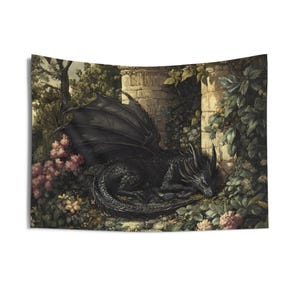 Tapisserie dragon, oeuvre d'art mural dragon noir médiéval mystique, décoration de chambre à coucher, jardin fleuri suspendu, tapisseries d'intérieur pour la maison, dortoir, fantaisie image 5