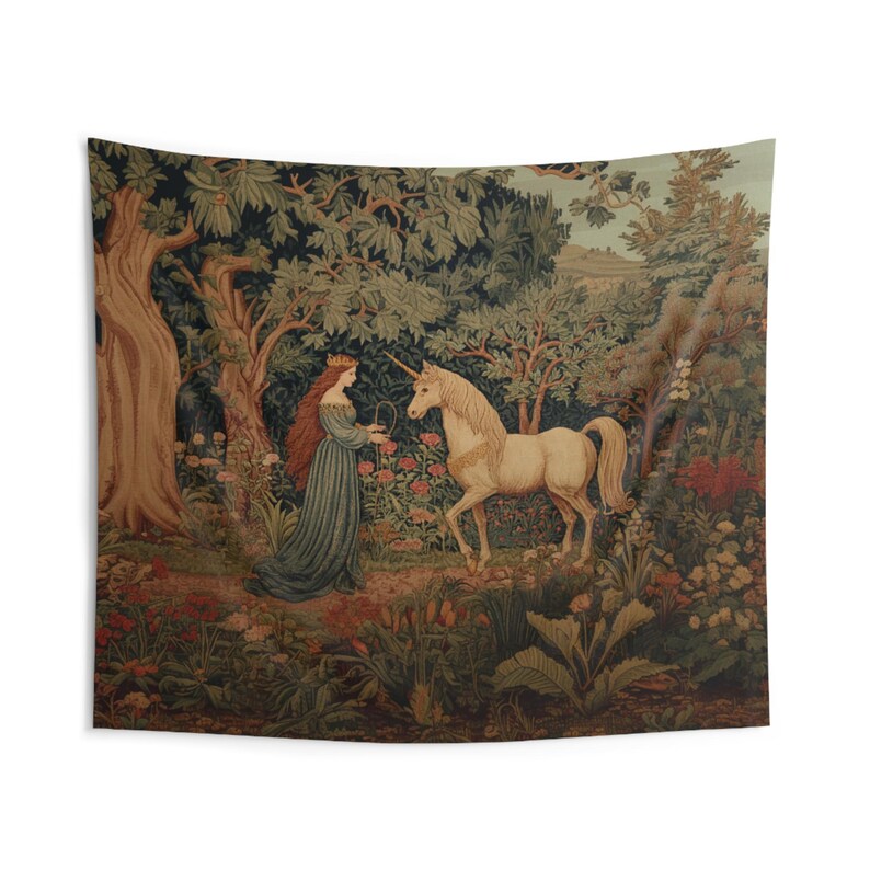 Princess And Unicorn Tapestry, Fairytale Forest Wall Art, Neutral Fantasy Decor, Medieval Bedroom Accent, Magical Gothic Princess Aesthetic 36" × 26"