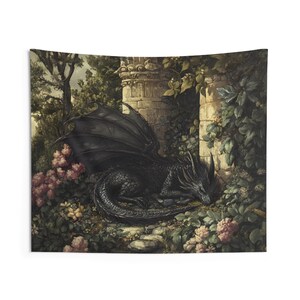Tapisserie dragon, oeuvre d'art mural dragon noir médiéval mystique, décoration de chambre à coucher, jardin fleuri suspendu, tapisseries d'intérieur pour la maison, dortoir, fantaisie image 6