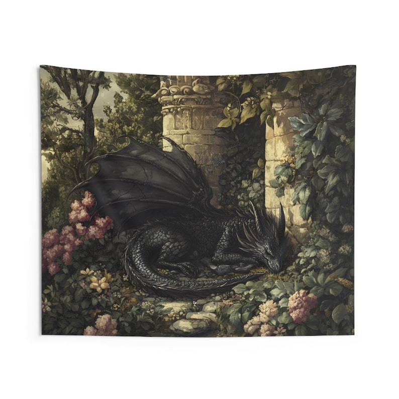 Tapisserie dragon, oeuvre d'art mural dragon noir médiéval mystique, décoration de chambre à coucher, jardin fleuri suspendu, tapisseries d'intérieur pour la maison, dortoir, fantaisie image 6