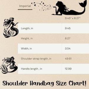 May include: A beige chart with black mermaid silhouettes and text detailing handbag dimensions. The chart includes measurements for length (24 cm), height (21 cm), width (9 cm), shoulder strap length (126 cm), and handle length (33 cm).