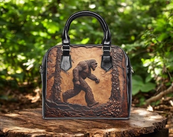 Shoulder Handbag, Big Foot Sasquatch Forest Faux Tooled Leather Unique Design, Tote Purse, Travel Bag, Crossbody Clutch, Trendy Satchel