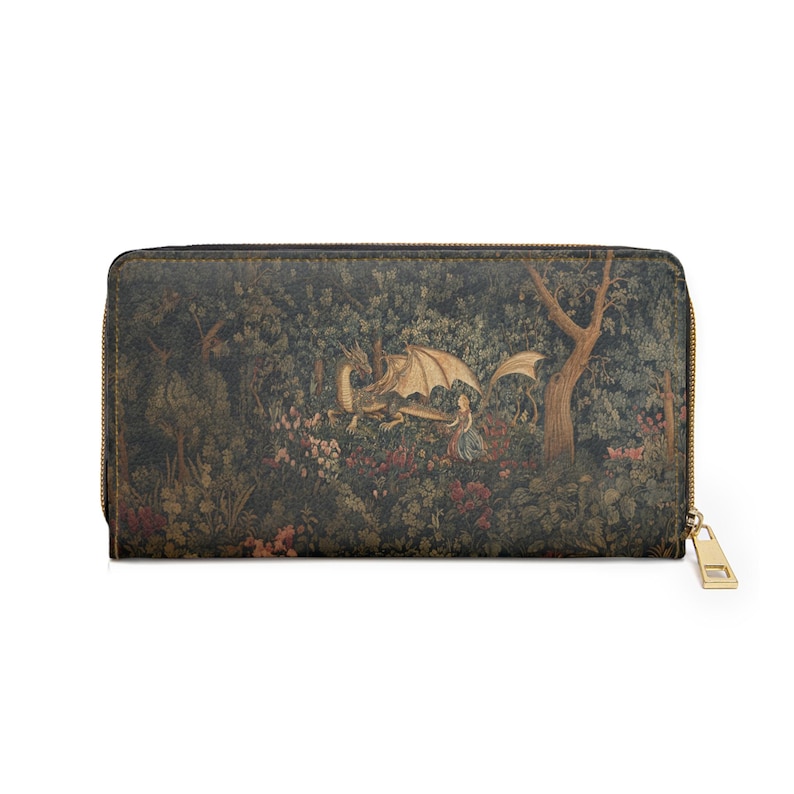 Medeltida drakevävplånbok med dragkedja | Vintage skogsscen, prinsessa och drake kuvertväska, lång plånbok, unisex accessoar bild 6