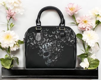 Gothic Handbag, Skull and Butterflies Gothic Purse, Alternative Rocker Cool Bag, Stylish Goth Bag, Edgy Crossbody Purse, Goth Girl Satchel.