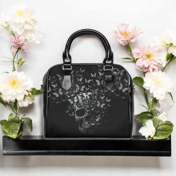 Gothic Handbag, Skull and Butterflies Gothic Purse, Alternative Rocker Cool Bag, Stylish Goth Bag, Edgy Crossbody Purse, Goth Girl Satchel.