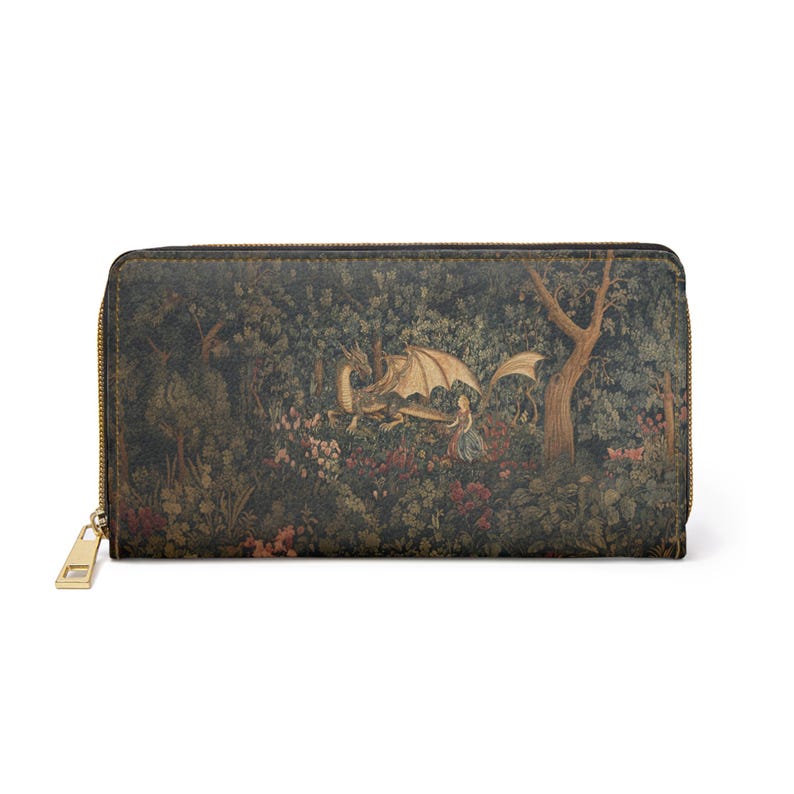 Medeltida drakevävplånbok med dragkedja | Vintage skogsscen, prinsessa och drake kuvertväska, lång plånbok, unisex accessoar bild 2