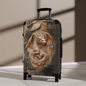 Dragon Suitcase, Faux Carved Wooden Dragon Luggage.  Black Hard Shell, Lockable, Wheels, Fantasy Luggage! Free Shipping! Unique, Fun Travel!