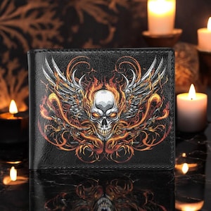 Cartera de calavera alada, plegable con monedero, accesorio gótico pequeño. Cartera de calavera alada, de piel sintética negra, compacta, con bolsillo trasero.