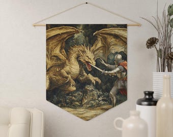 Knight vs Dragon Pennant | Medieval Fantasy Battle Wall Banner, Gamer Decor, Boy's Nursery Room, Natural Toned Wall Art, Tapestry Inspired