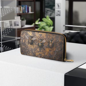 Cartera de abeja rústica estilo occidental de piel sintética larga, unisex, con cremallera y estampado natural marrón, ideal como regalo para amantes de la naturaleza y el jardín.