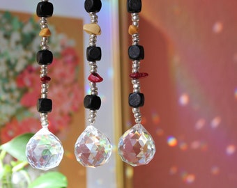 6" Black Wooden Bead Hanging Suncatcher Crystal