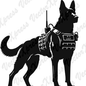 May include: Black silhouette of a German Shepherd dog wearing a tactical vest with the text "K-9 UNIT" on it. The dog is standing with its head turned to the right.