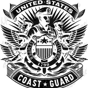 Könnte beinhalten: Schwarzweiß-Illustration des Emblems der United States Coast Guard. Das Emblem zeigt einen Schild mit 13 Streifen und 5 Sternen, einen Schiffsanker und zwei Adler mit ausgebreiteten Flügeln. Der Text "United States Coast Guard" und "Semper Paratus 1790" ist im Design enthalten.