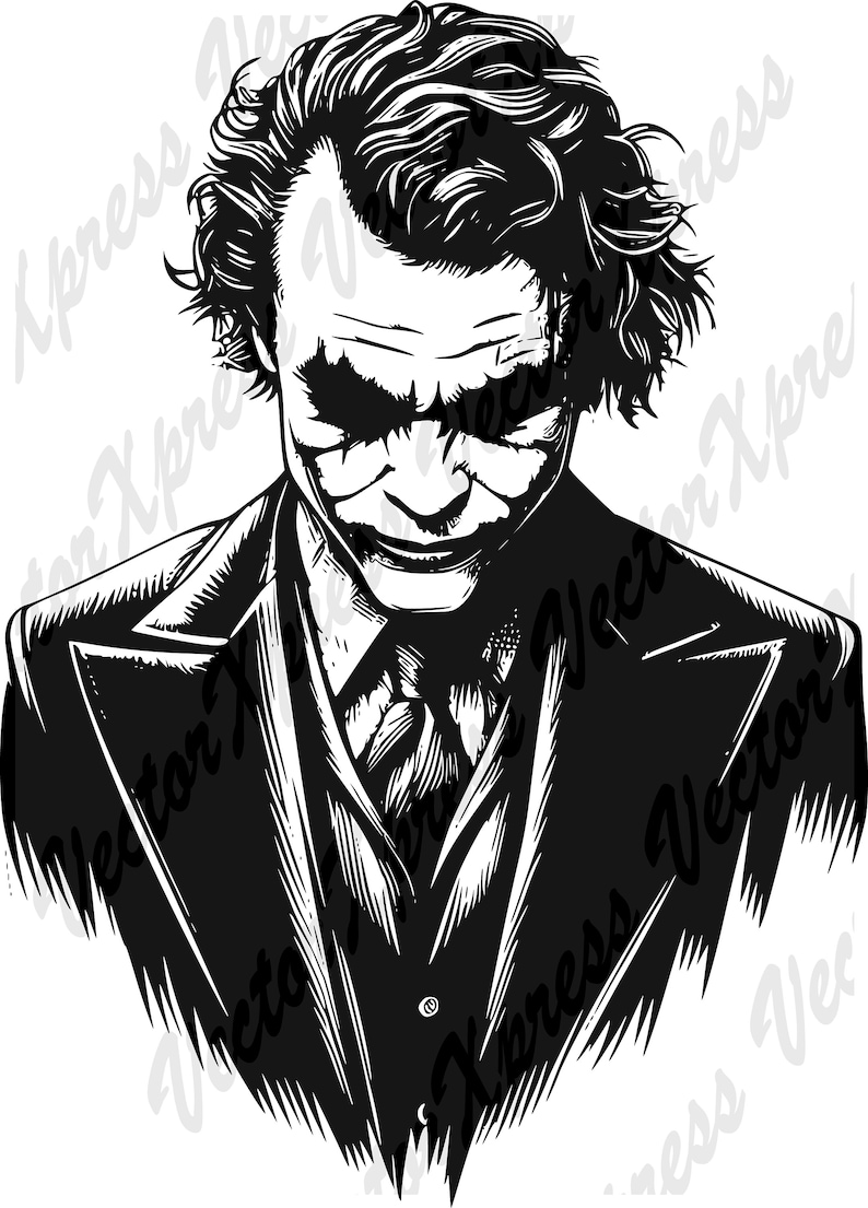 May include: Black and white illustration of the Joker from the Batman franchise. He is wearing a suit and has a sinister smile.