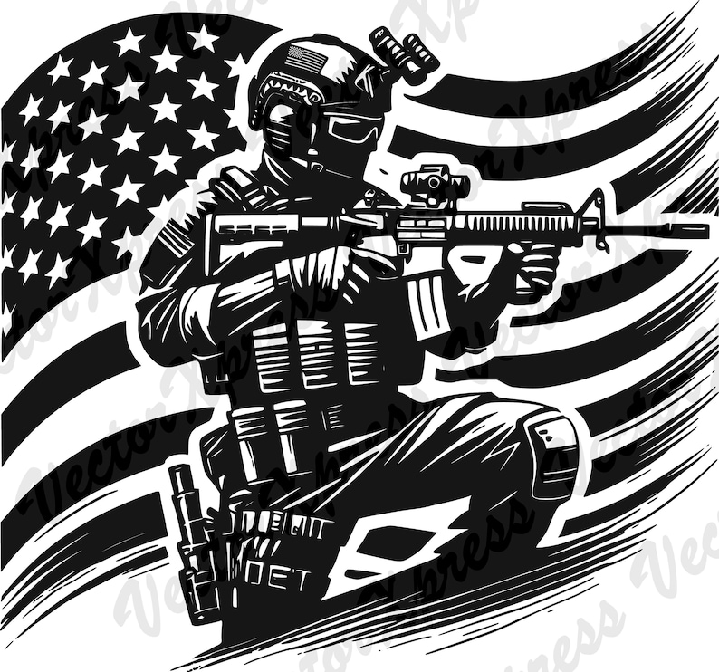 May include: Black and white illustration of a soldier aiming a rifle. The soldier is wearing tactical gear and a helmet with an American flag patch. The background features an American flag design.