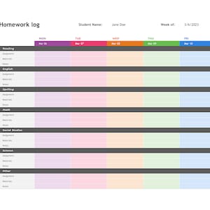 May include: A homework log with a weekly schedule for a student named Jane Doe. The log includes sections for reading, English, spelling, math, social studies, science, and other. Each section has space for assignment, materials, and notes.
